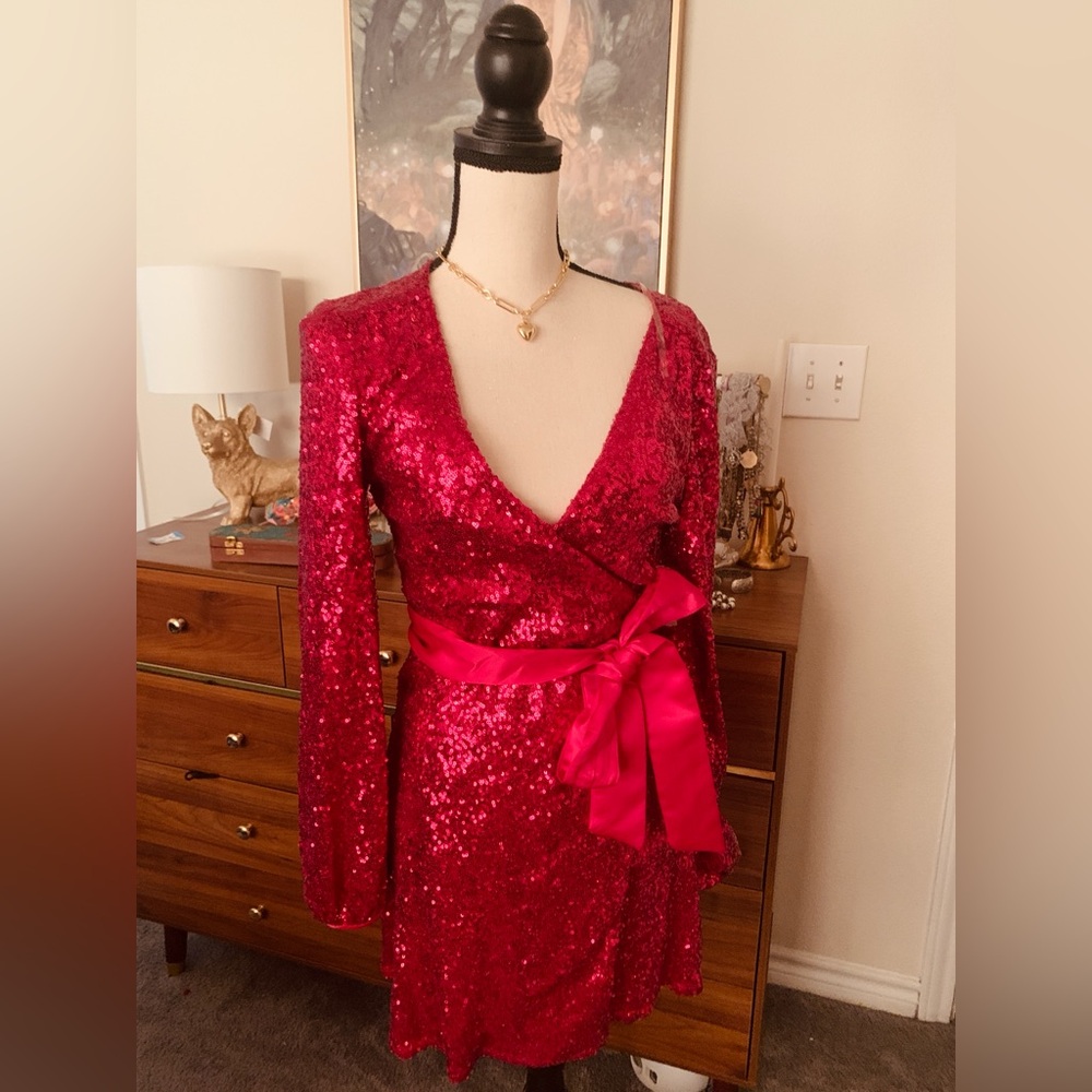 Midnight Doll - Red Sequin Holiday Wrap Dress